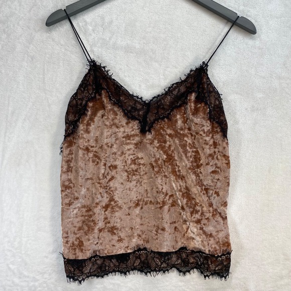 Bershka Velvet Cami Top Lace‎ Trim Spaghetti Strap Brown Tank Top Size S - flaw - Picture 1 of 8